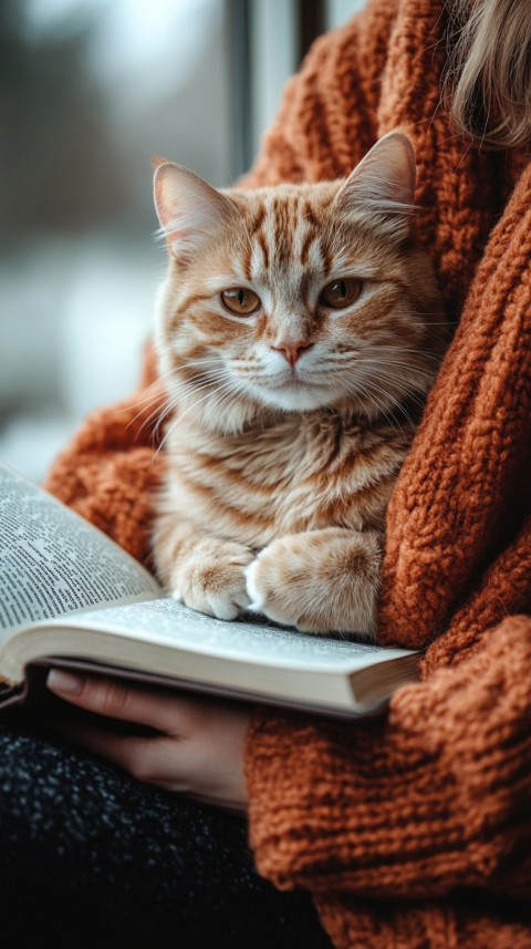 Woman’s Lap with a Brown Cat and an Open Book Nearby – Feminine Blogger Aesthetic (209)