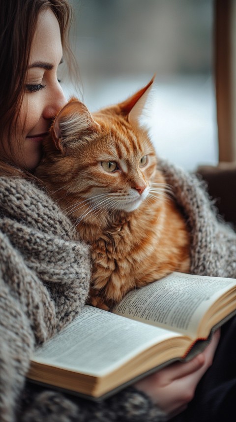 Woman’s Lap with a Brown Cat and an Open Book Nearby – Feminine Blogger Aesthetic (215)