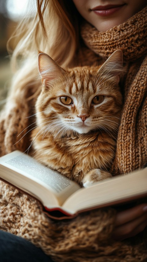 Woman’s Lap with a Brown Cat and an Open Book Nearby – Feminine Blogger Aesthetic (205)