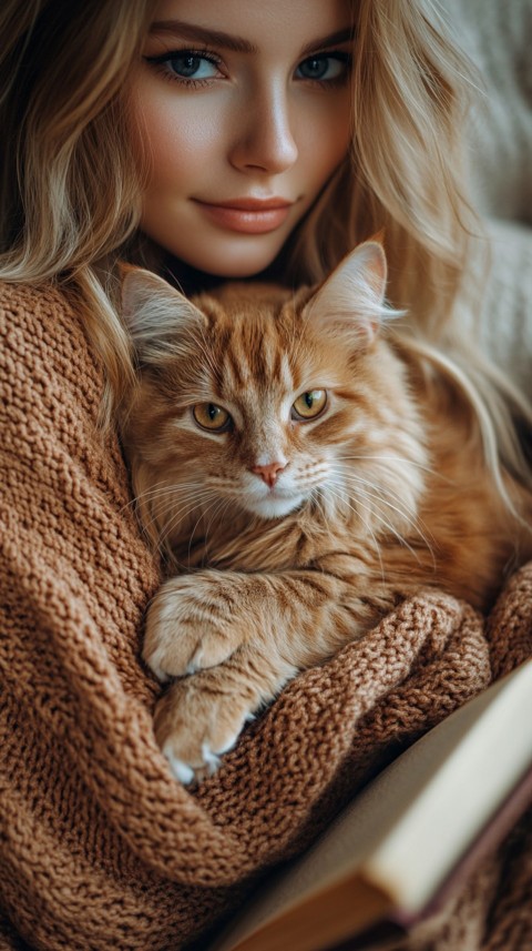 Woman’s Lap with a Brown Cat and an Open Book Nearby – Feminine Blogger Aesthetic (221)