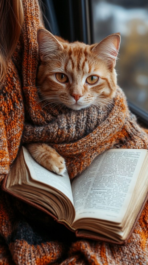 Woman’s Lap with a Brown Cat and an Open Book Nearby – Feminine Blogger Aesthetic (210)