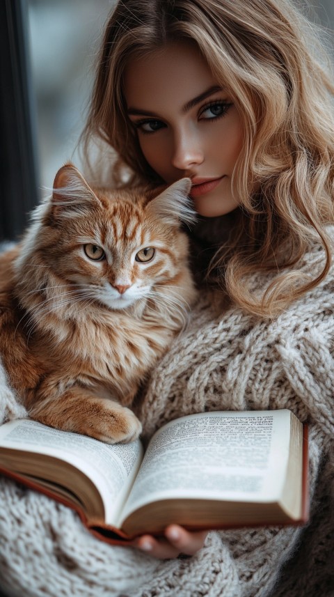 Woman’s Lap with a Brown Cat and an Open Book Nearby – Feminine Blogger Aesthetic (213)