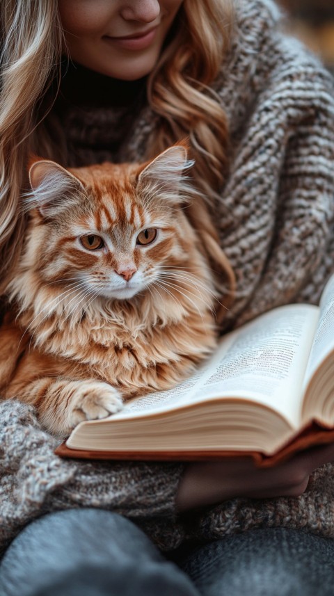 Woman’s Lap with a Brown Cat and an Open Book Nearby – Feminine Blogger Aesthetic (218)