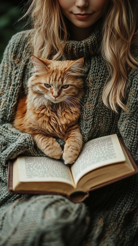 Woman’s Lap with a Brown Cat and an Open Book Nearby – Feminine Blogger Aesthetic (217)