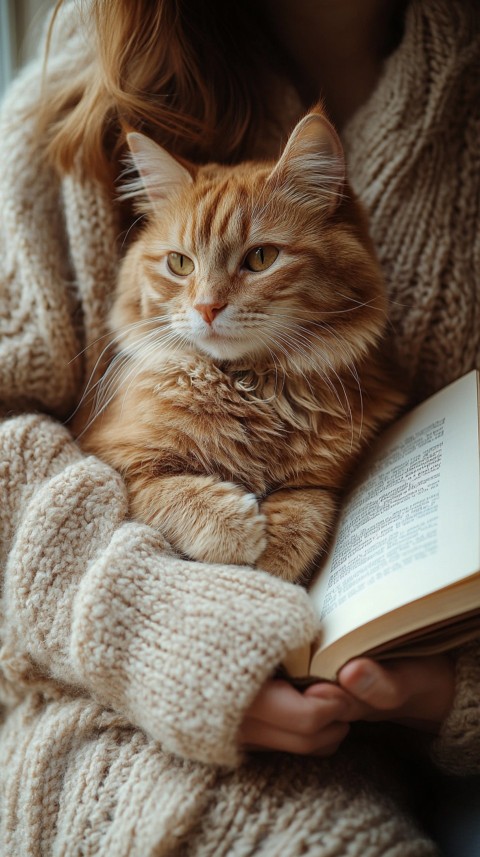 Woman’s Lap with a Brown Cat and an Open Book Nearby – Feminine Blogger Aesthetic (250)