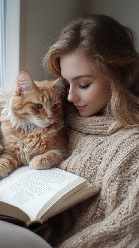 Woman’s Lap with a Brown Cat and an Open Book Nearby – Feminine Blogger Aesthetic (244)