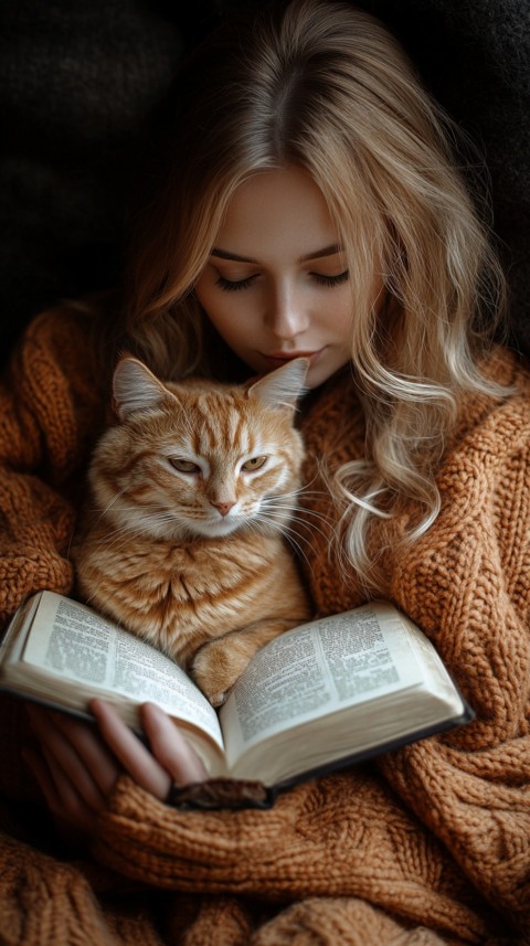 Woman’s Lap with a Brown Cat and an Open Book Nearby – Feminine Blogger Aesthetic (260)