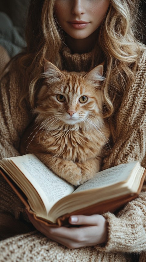 Woman’s Lap with a Brown Cat and an Open Book Nearby – Feminine Blogger Aesthetic (235)