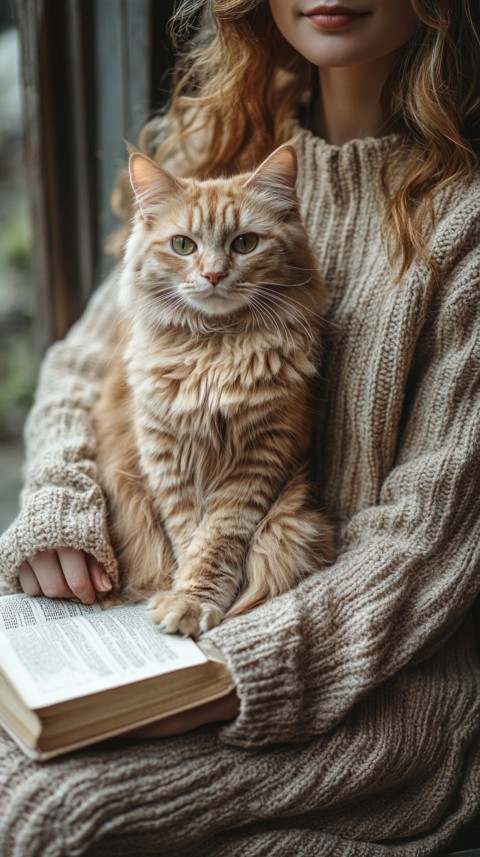 Woman’s Lap with a Brown Cat and an Open Book Nearby – Feminine Blogger Aesthetic (239)