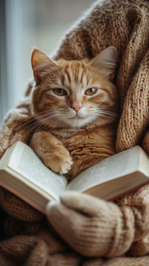 Woman’s Lap with a Brown Cat and an Open Book Nearby – Feminine Blogger Aesthetic (261)