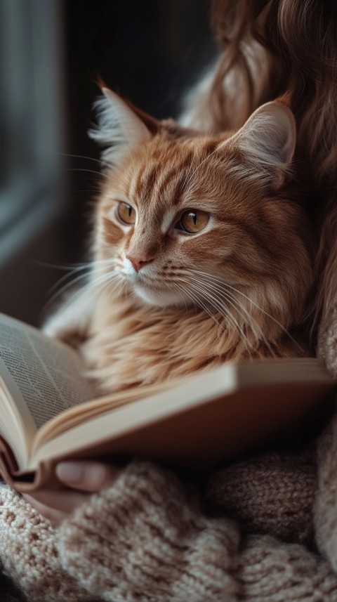 Woman’s Lap with a Brown Cat and an Open Book Nearby – Feminine Blogger Aesthetic (276)