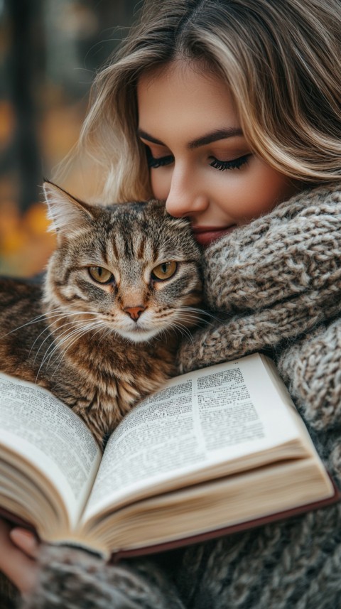 Woman’s Lap with a Brown Cat and an Open Book Nearby – Feminine Blogger Aesthetic (275)