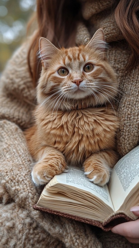 Woman’s Lap with a Brown Cat and an Open Book Nearby – Feminine Blogger Aesthetic (262)