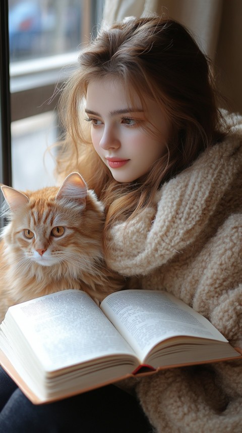 Woman’s Lap with a Brown Cat and an Open Book Nearby – Feminine Blogger Aesthetic (264)