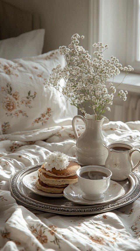 Breakfast on a Silver Tray with Pancakes and Coffee – Cozy Floral Bed Aesthetics (9)