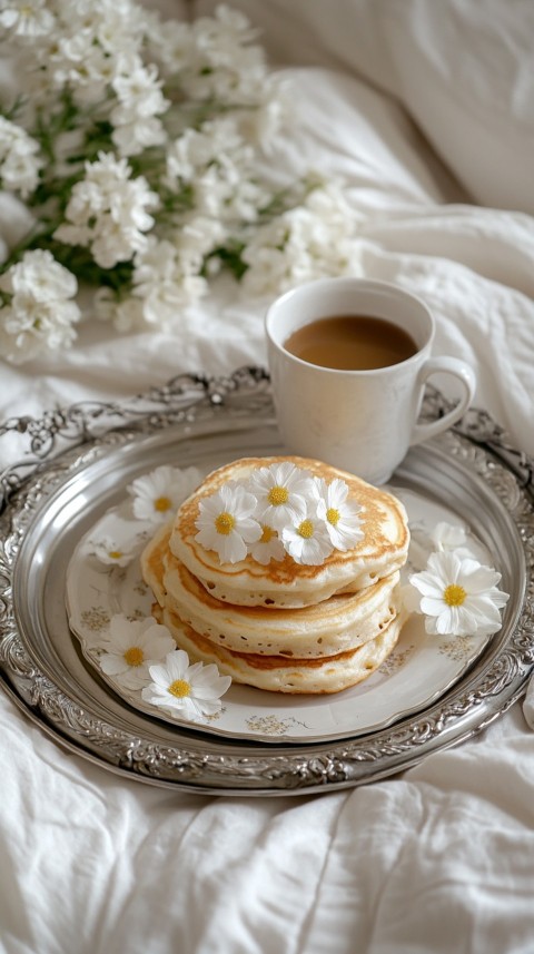 Breakfast on a Silver Tray with Pancakes and Coffee – Cozy Floral Bed Aesthetics (3)