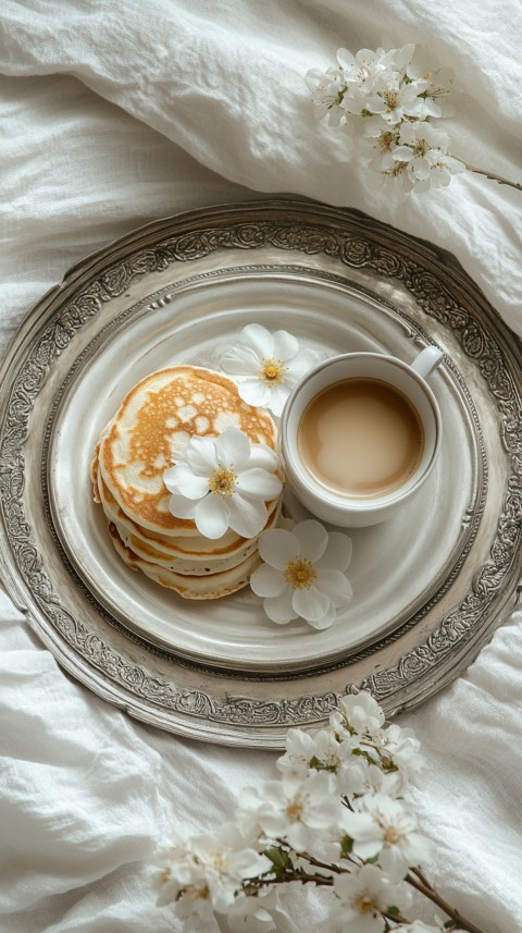 Breakfast on a Silver Tray with Pancakes and Coffee – Cozy Floral Bed Aesthetics (6)