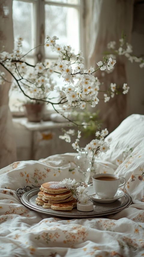 Breakfast on a Silver Tray with Pancakes and Coffee – Cozy Floral Bed Aesthetics (48)