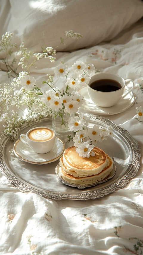 Breakfast on a Silver Tray with Pancakes and Coffee – Cozy Floral Bed Aesthetics (36)