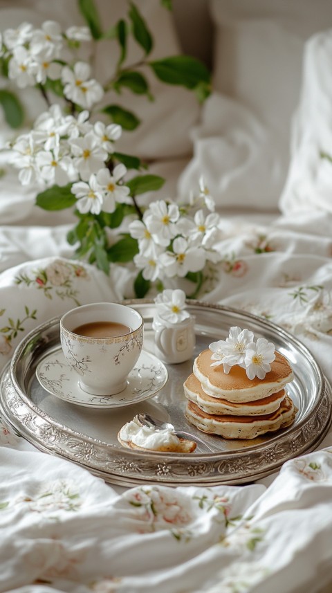 Breakfast on a Silver Tray with Pancakes and Coffee – Cozy Floral Bed Aesthetics (41)