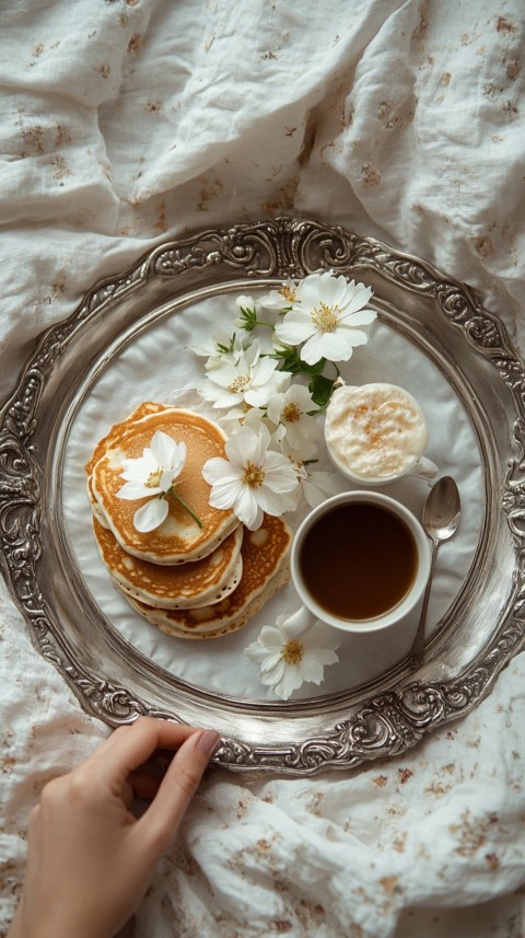 Breakfast on a Silver Tray with Pancakes and Coffee – Cozy Floral Bed Aesthetics (46)