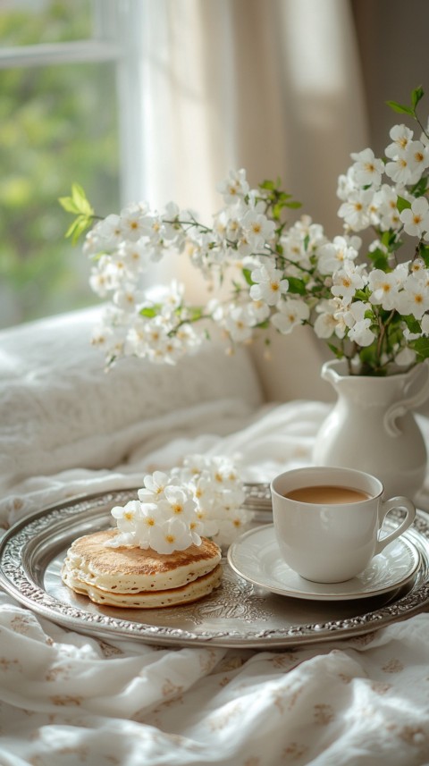 Breakfast on a Silver Tray with Pancakes and Coffee – Cozy Floral Bed Aesthetics (75)