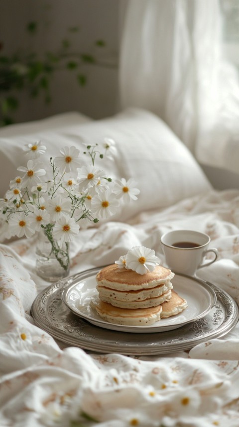 Breakfast on a Silver Tray with Pancakes and Coffee – Cozy Floral Bed Aesthetics (77)