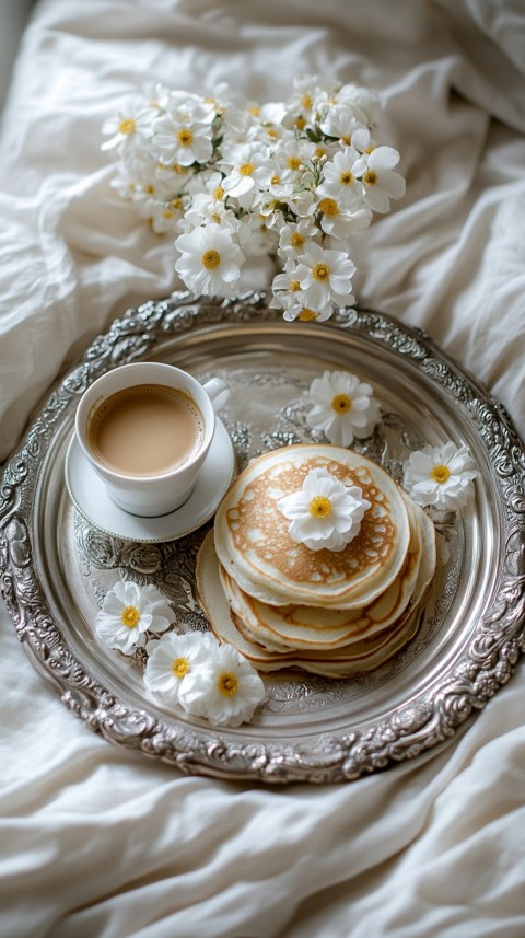 Breakfast on a Silver Tray with Pancakes and Coffee – Cozy Floral Bed Aesthetics (71)