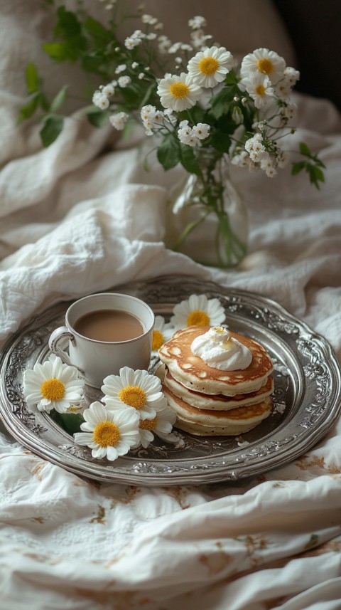 Breakfast on a Silver Tray with Pancakes and Coffee – Cozy Floral Bed Aesthetics (68)