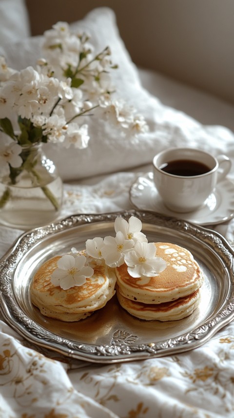 Breakfast on a Silver Tray with Pancakes and Coffee – Cozy Floral Bed Aesthetics (70)