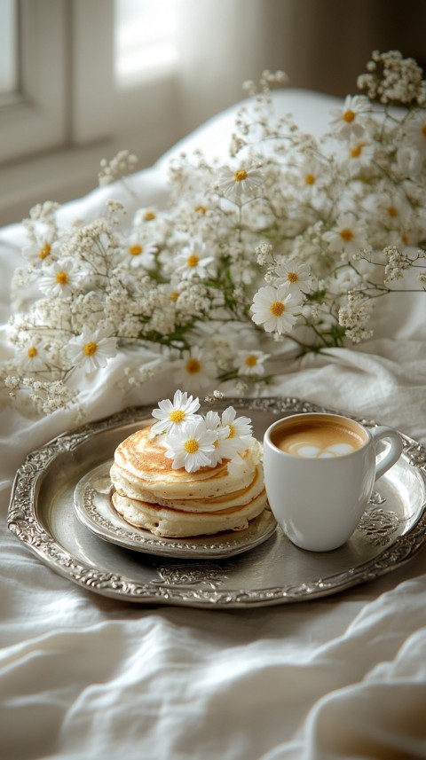 Breakfast on a Silver Tray with Pancakes and Coffee – Cozy Floral Bed Aesthetics (91)