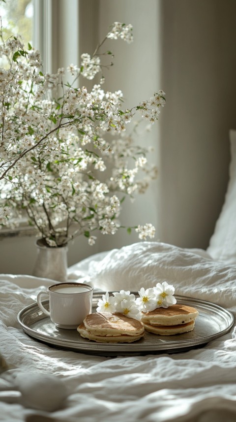 Breakfast on a Silver Tray with Pancakes and Coffee – Cozy Floral Bed Aesthetics (100)