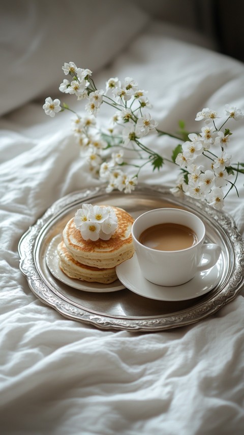 Breakfast on a Silver Tray with Pancakes and Coffee – Cozy Floral Bed Aesthetics (112)