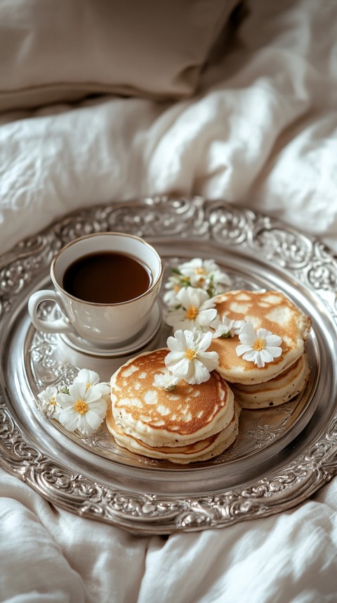 Breakfast on a Silver Tray with Pancakes and Coffee – Cozy Floral Bed Aesthetics (94)