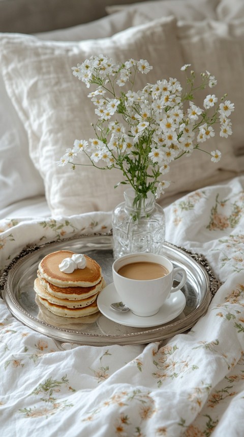 Breakfast on a Silver Tray with Pancakes and Coffee – Cozy Floral Bed Aesthetics (106)