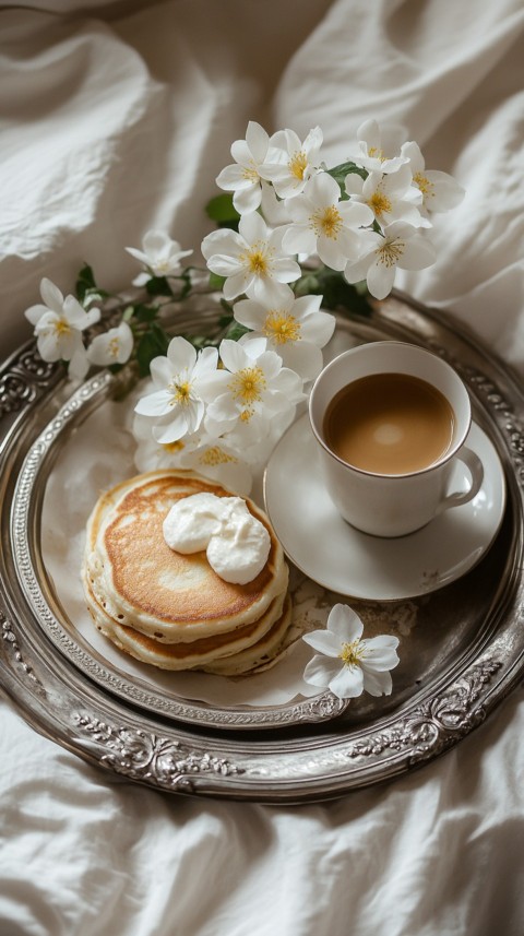 Breakfast on a Silver Tray with Pancakes and Coffee – Cozy Floral Bed Aesthetics (104)