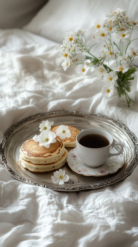 Breakfast on a Silver Tray with Pancakes and Coffee – Cozy Floral Bed Aesthetics (102)