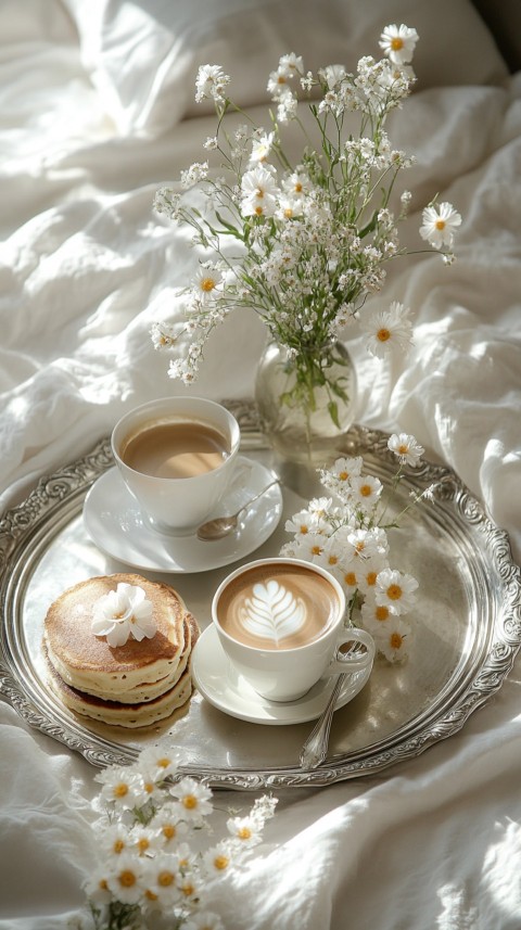 Breakfast on a Silver Tray with Pancakes and Coffee – Cozy Floral Bed Aesthetics (95)