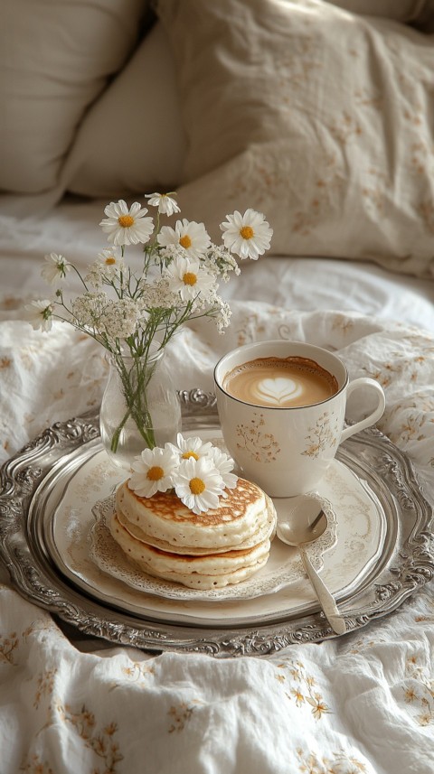 Breakfast on a Silver Tray with Pancakes and Coffee – Cozy Floral Bed Aesthetics (109)