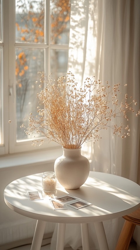 Circular White Table with a Vase of Dried Flowers and Polaroid Pictures – Feminine Blogger Aesthetic (8)