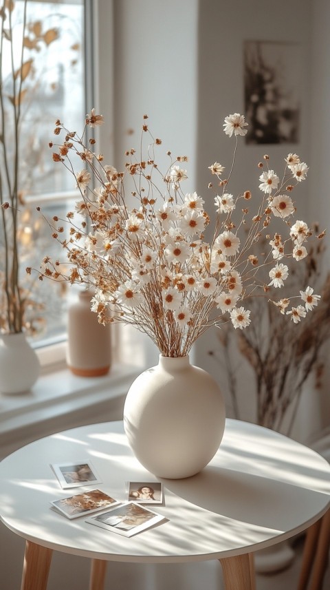 Circular White Table with a Vase of Dried Flowers and Polaroid Pictures – Feminine Blogger Aesthetic (9)