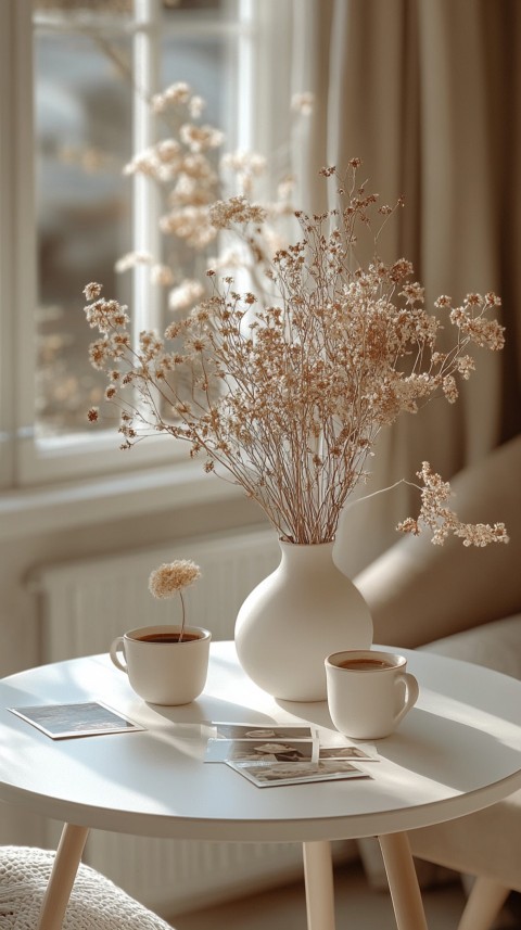 Circular White Table with a Vase of Dried Flowers and Polaroid Pictures – Feminine Blogger Aesthetic (12)