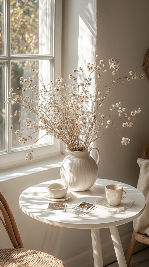 Circular White Table with a Vase of Dried Flowers and Polaroid Pictures – Feminine Blogger Aesthetic (16)