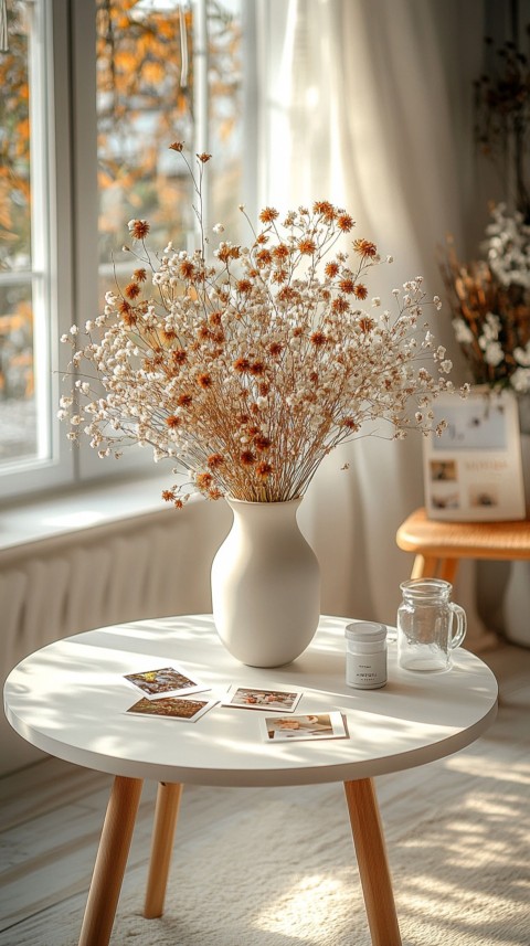 Circular White Table with a Vase of Dried Flowers and Polaroid Pictures – Feminine Blogger Aesthetic (7)