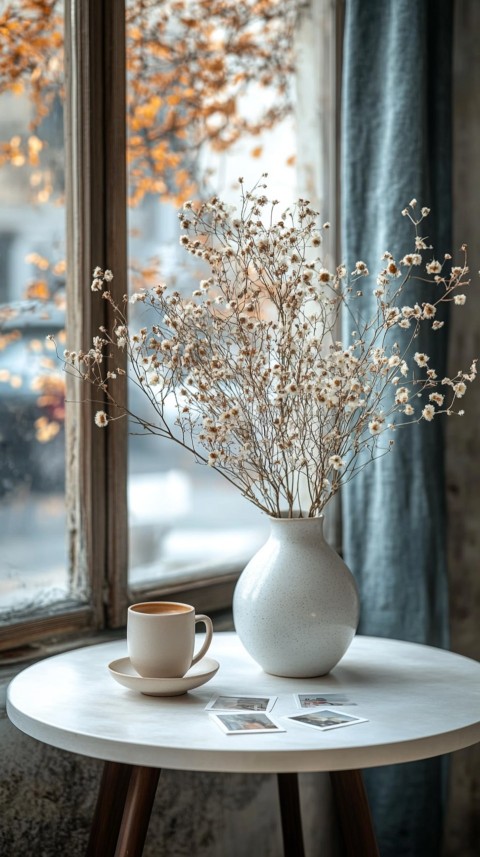 Circular White Table with a Vase of Dried Flowers and Polaroid Pictures – Feminine Blogger Aesthetic (14)