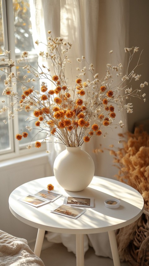 Circular White Table with a Vase of Dried Flowers and Polaroid Pictures – Feminine Blogger Aesthetic (4)