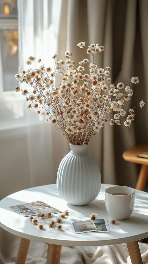 Circular White Table with a Vase of Dried Flowers and Polaroid Pictures – Feminine Blogger Aesthetic (30)