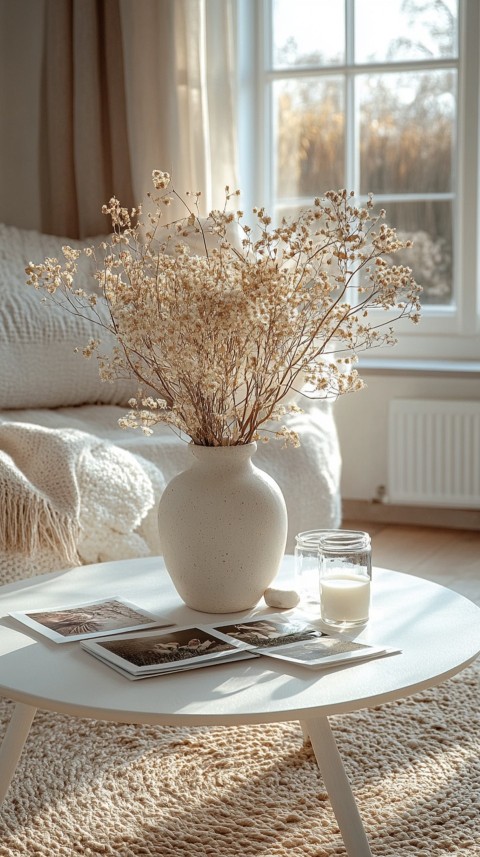 Circular White Table with a Vase of Dried Flowers and Polaroid Pictures – Feminine Blogger Aesthetic (15)