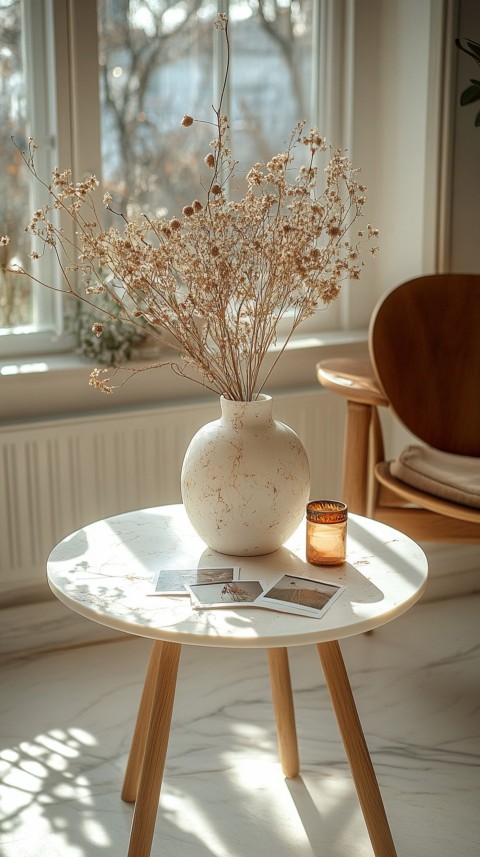 Circular White Table with a Vase of Dried Flowers and Polaroid Pictures – Feminine Blogger Aesthetic (19)