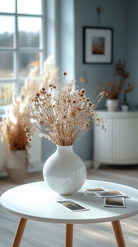 Circular White Table with a Vase of Dried Flowers and Polaroid Pictures – Feminine Blogger Aesthetic (45)